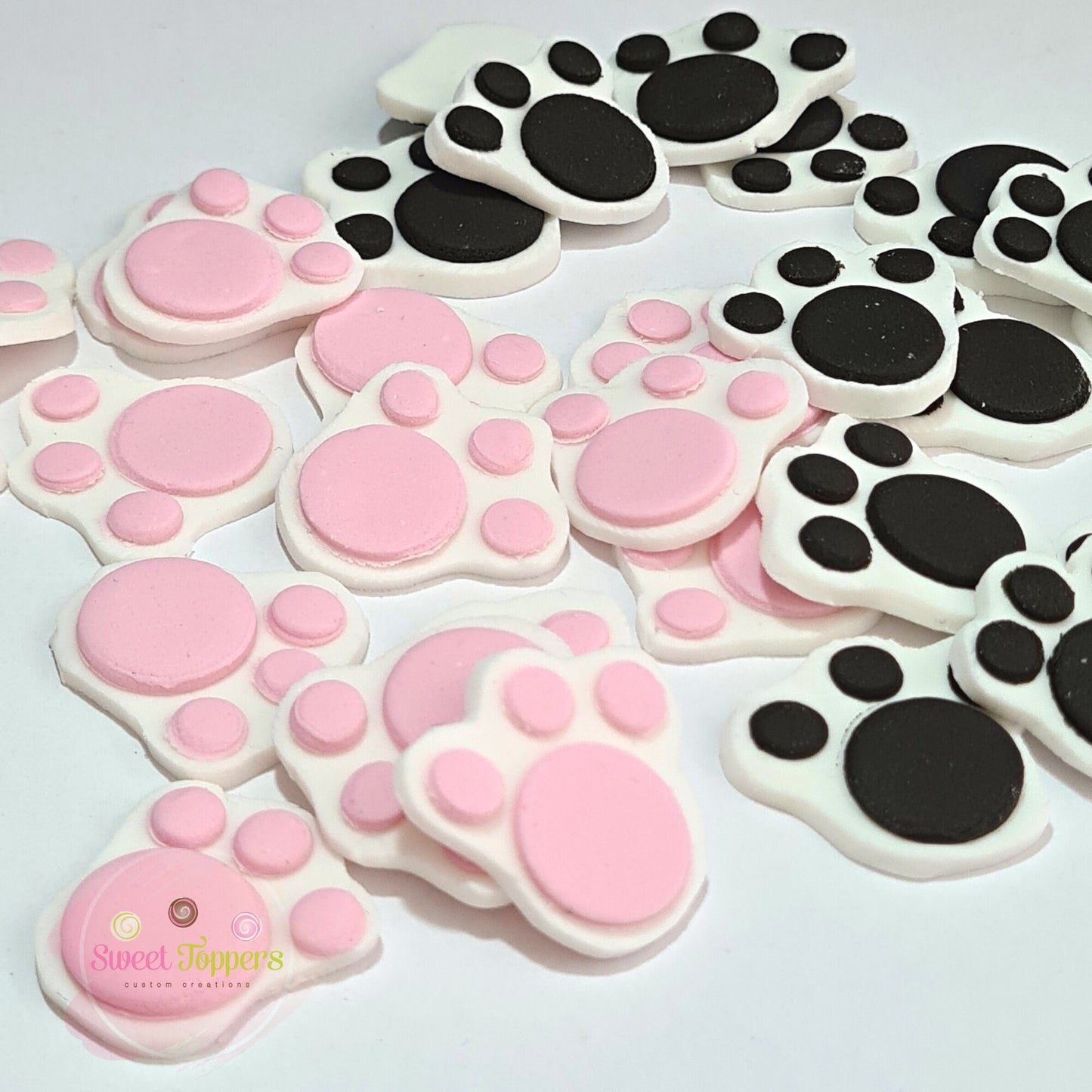 30 animal paw prints PINK and BLACK edible cake cupcake decoration handmade to order